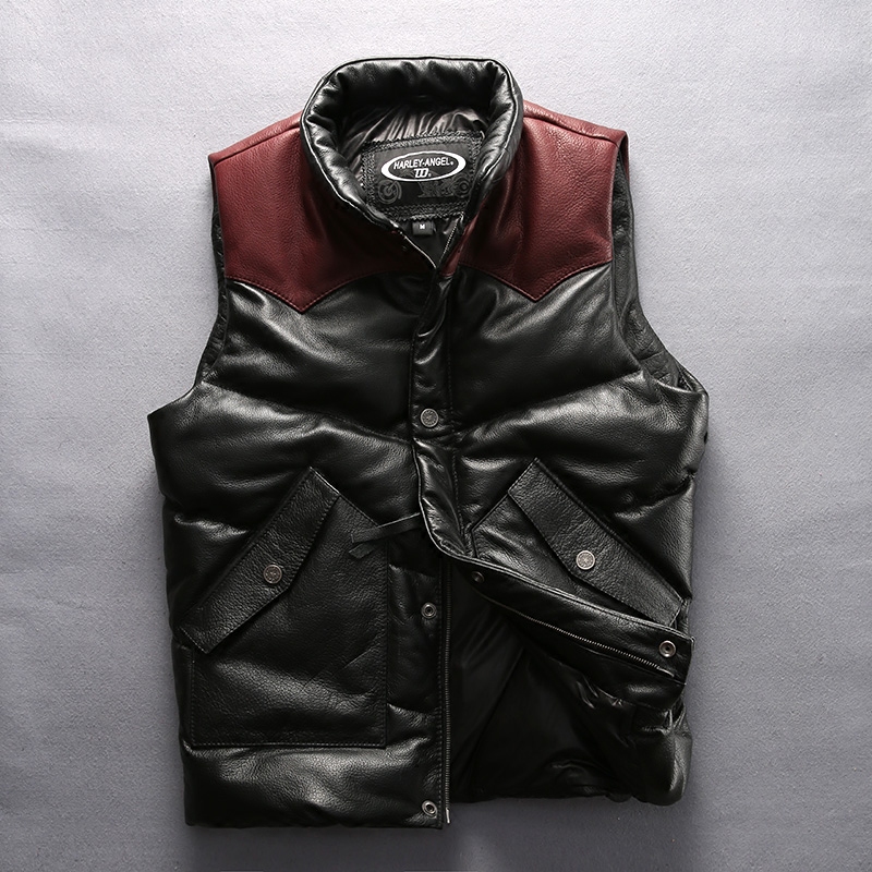 

2017 ANGEL fashion leather vest men thick cowskin leather down vest patchwork warm winter coat male, Black