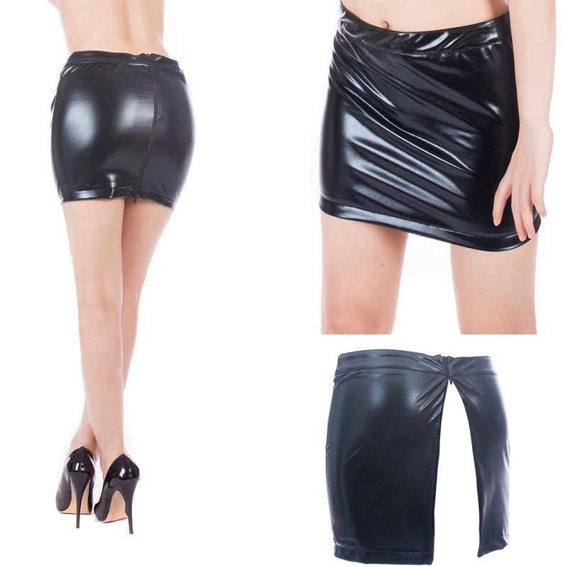 

Sexy Wet Look Metallic Low Rise Full Back Zipper Hot Short Bodycon Mini Skirt Clubwear Dance Wear, Black