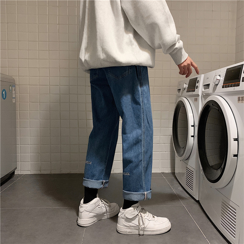 

Harajuku men' straight jeans autumn and winter New Korean style loose pants fashion versatile student ankle-length pants, Black
