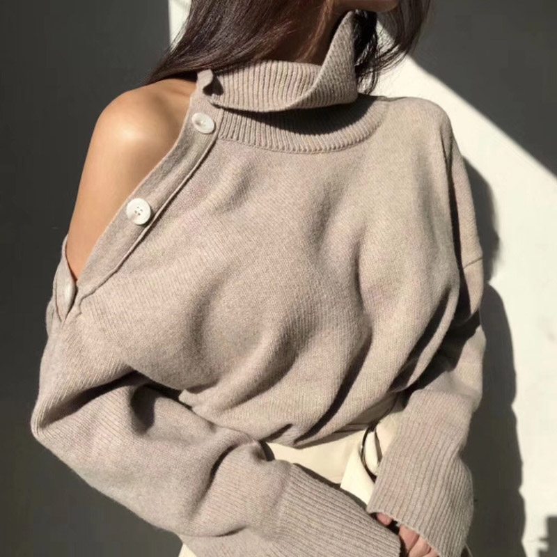 

2020 Winter Women Turtleneck Knitted Knit Sweaters Solid Casual Cold Shoulder Pullover Jumper Autumn Basic Sweater For women, Khaki