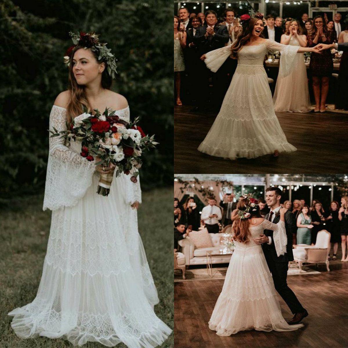 

Chic Plus Size Wedding Dresses Lace Appliqued Off Shoulder Bell Long Sleeve Beach Bridal Gowns Sweep Train Custom Made Country Wedding Dress, Green