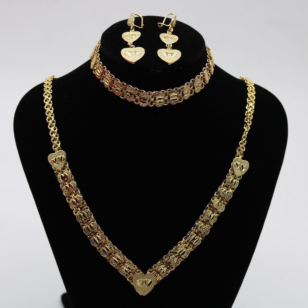 3 Pieces Jewelry Sets Heart 18K Yellow Gold Filled Classic Dubai Womens Necklace Bracelet Earrings Set Dropshipping-image-506419083