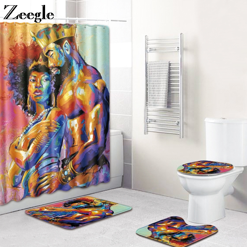 

Europe Portrait Bath Mat Set Shower Curtain for Bathroom Cover Toilet Seat Anti Slip Soft Carpet for Bathroom 4pcs Bath Mat Set