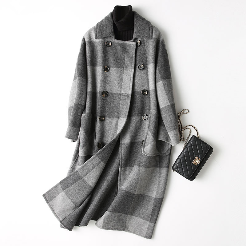 

4040 Winter Wool Coat Women England Style Plaid Wool Coat Female Autumn Long Jacket Outwear casaco feminino 37348 YQ3396, Gray