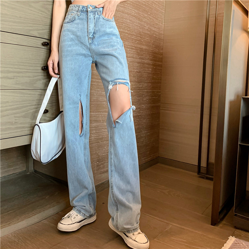 

iMucci Summer Light Blue Ripped Jeans Women 2020 New Wide-leg Pants Loose Straight Pants Summer High Waist Vintage
