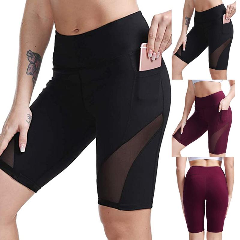 

Cycling Shorts Summer Women's Solid Casual High Waist Seamless Biker Sports Fitness Elastic Stretch Pocket Short Pants, Black