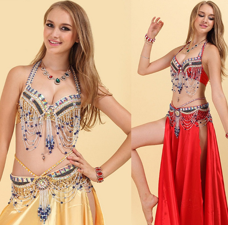 

3 Piece Sets Women Belly Dance Costume Ladies National Dancing Slit Skirts Stage Performance (Bra + Belt +Skirt, Black