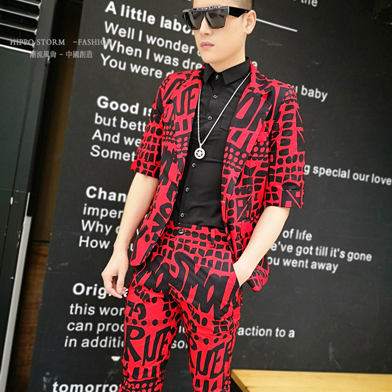 

Red bottom letter sleeve malesuit suit nightclub trendy Korean casual suit hairdresser Nightclub male singer dress, 55