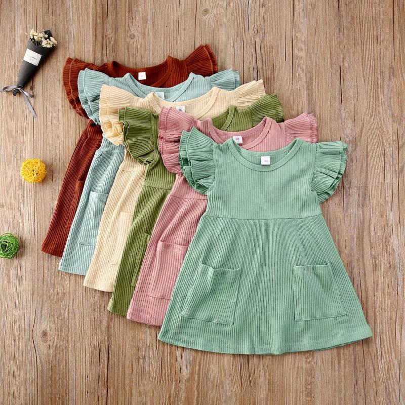 

6 Style 1-4Y Toddler Baby Girls Holiday Cute Dress Solid Ruffles Sleeve Pocket Knee Length A-Line Dress, Pink