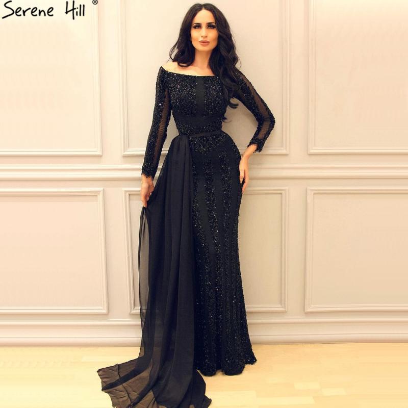 

Long Sleeve Black Mermaid Tulle Evening Dress Beading Sequined Evening Gowns Real Photo 2019 Serene Hill LA6009