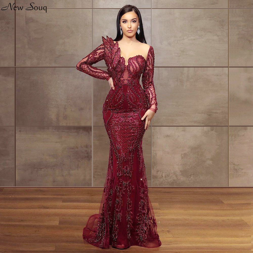 

Purple Full Beading Long Sleeve Evening Dresses 2020 Sexy Illusion O Neck Middle East Dubai Mermaid Evening Gowns Formal Dress, Coral