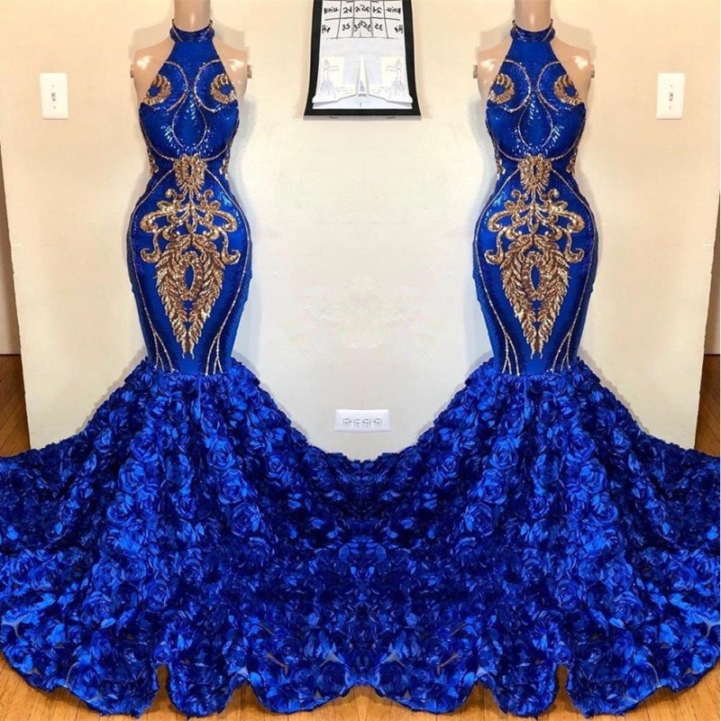 

Royal Blue Keyhole Mermaid Prom Dresses 2019 Rose Flowers Long Chapel Train Sheer Neck GOld Applique Beads African Evening Gown BC1213, Silver