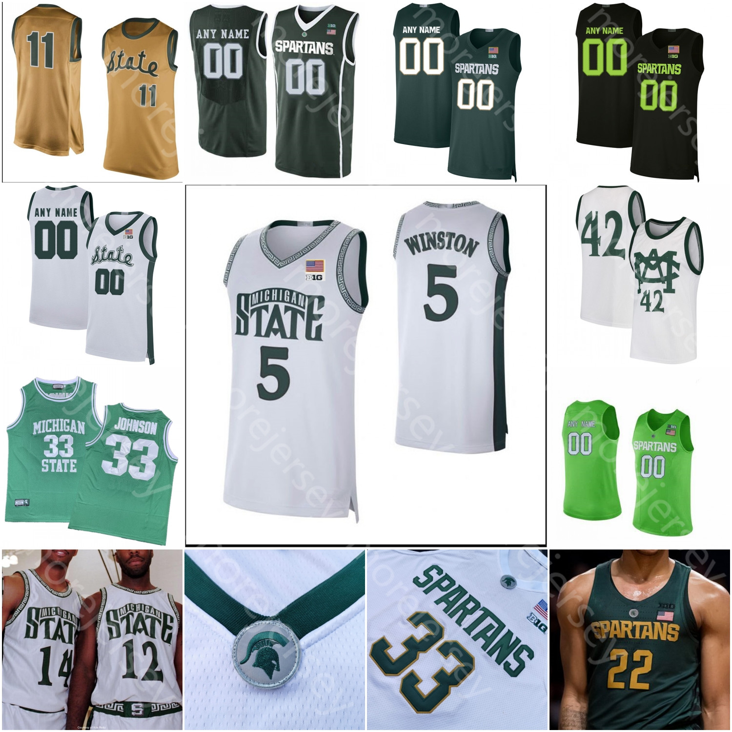 

Custom Michigan State Spartans Basketball Jersey NCAA College Cassius Winston Johnson Henry Tillman Bingham Gabe Brown Green Randolph, White iii