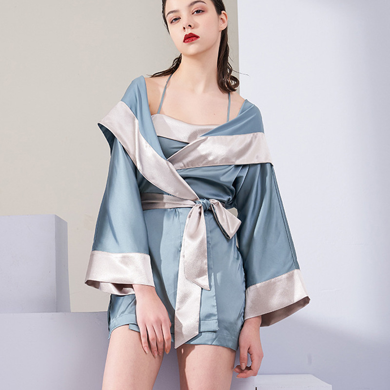 

2020 Women Robe Nightgown Sets Sexy Silk Satin Sleep Lounge Pijama Long Sleeve Ladies Robes Nightwear Bathrobe Nightdress XA155F, Pink