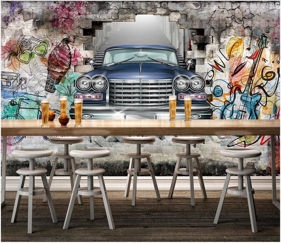 

custom photo 3d wallpaper Vintage car hand-painted graffiti wall 3D stereo restaurant bar background Wall stickers wall papers home decor, Non-woven wallpaper