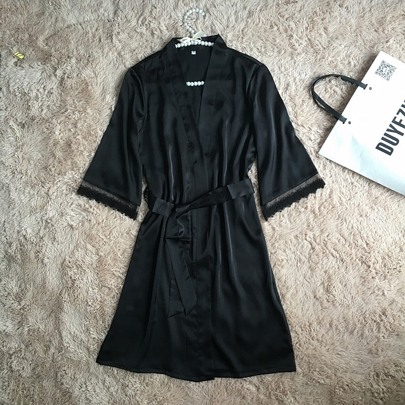 

female satin night-robes superior quality woman sexy bath with lace, Black