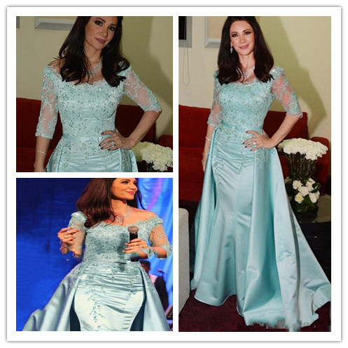 

Light Blue Mother of the Bride Dresses Scoop Neck Half Sleeve Lace Beaded Floor Length Satin Mermaid Mother's Dresses Wedding Guest Dresses
