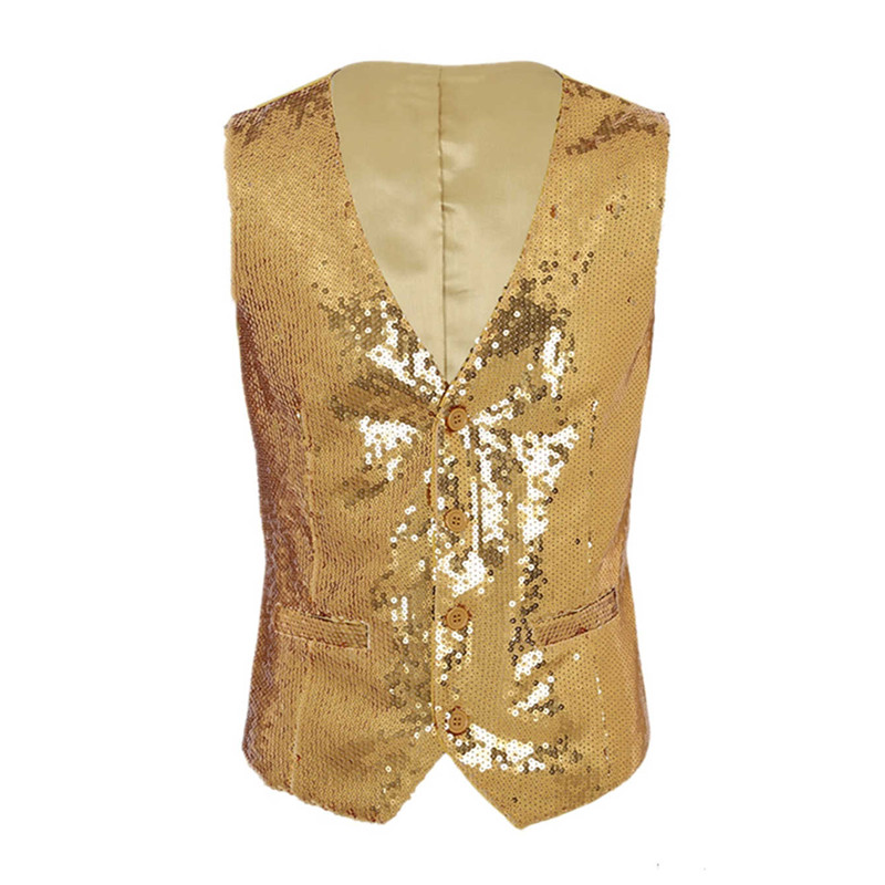 

Cool Mens Solid Color Sequins Bar Vest Glitter V-neck Wedding Groomsmen Waistcoat Slim Fit Cosplay Stage Show Costume, Black