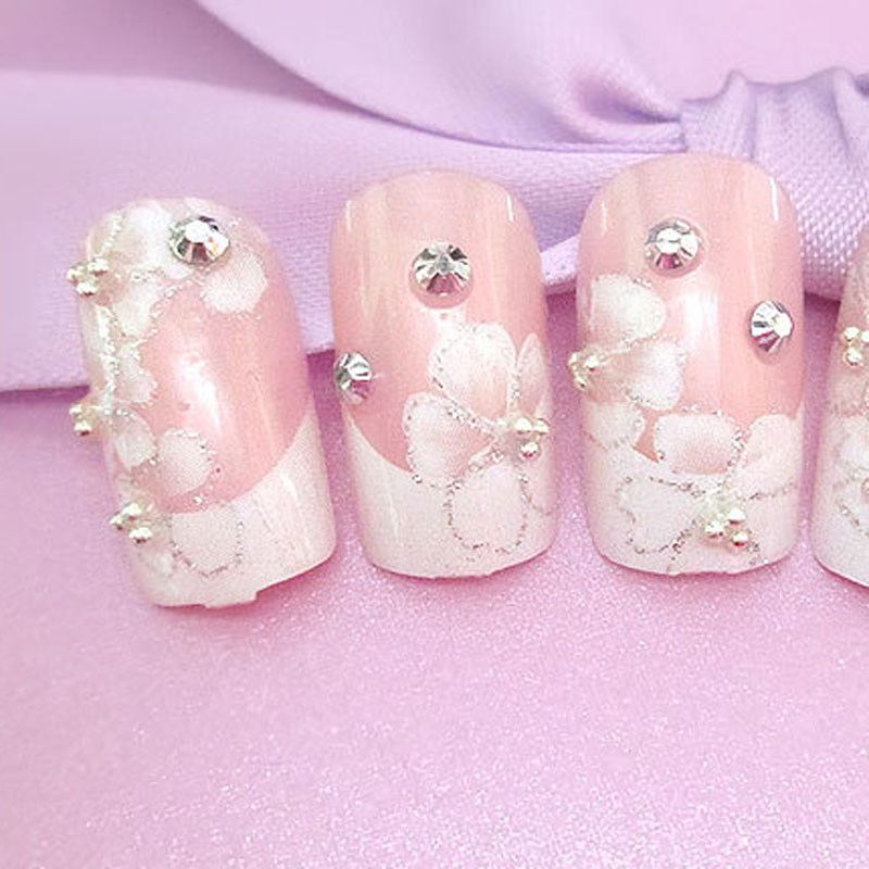 

Hot 24 Pcs/Set Wedding Bride Full Nails Tips With Glue Flowers Shining 3D Diamond Rhinestone Fake Nail Art Tool SJ66, Nude