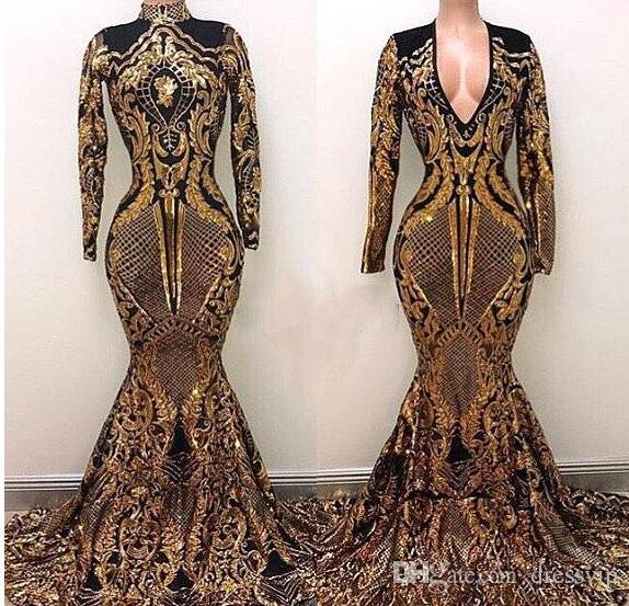 

2019 Yousef Aljasmi High Neck Evening Dresses Black And Gold Sweep Train Luxury Mermaid Prom Dress Party Wear Long Sleeve Formal Gowns, Same as picture
