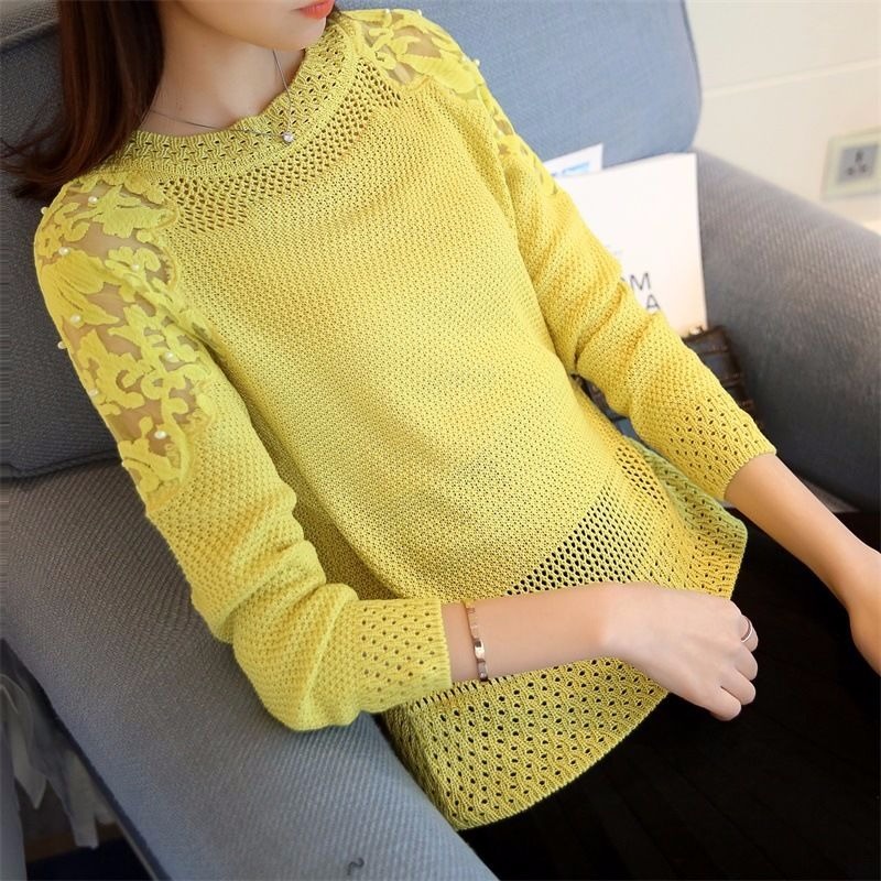 

Hollow knitted sweater women 2020 Korean spring autumn loose sweaters short female long sleeve lace beaded round neck bottoming, Black