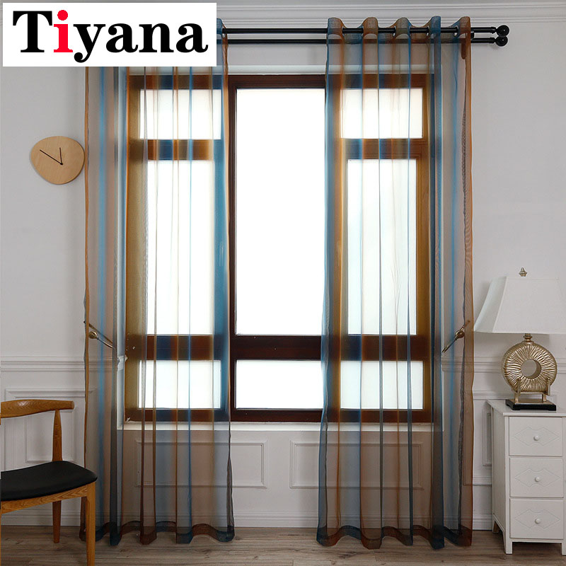 

1 PC Gradient Widnow Screen Ready-made Tulle Curtains For Living Room Ring Top European Short Sheer Curtain For Kitchen JK057X, Color 2