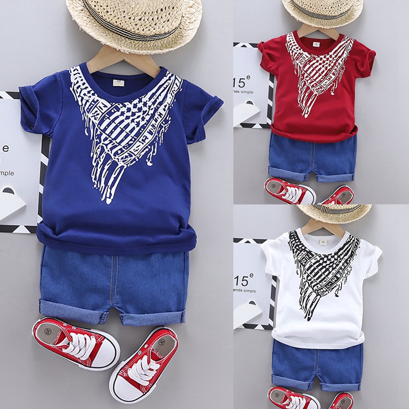 

Casual Boys Clothes summer scarf printed short sleeve + denim shorts two-piece Baby Clothes set9, Dl