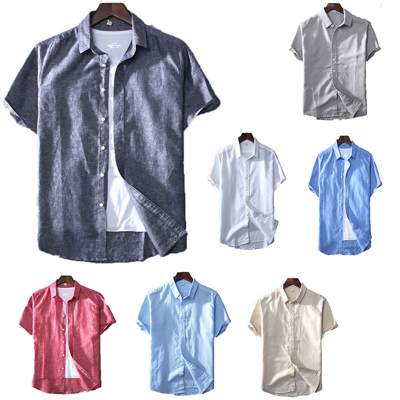 

Harajuku Linen Cotton Men's Short Sleeved Shirt Summer Loose Square Collar Button Shirts Casual Half Sleeve Dress Shirt for Mens, Khaki