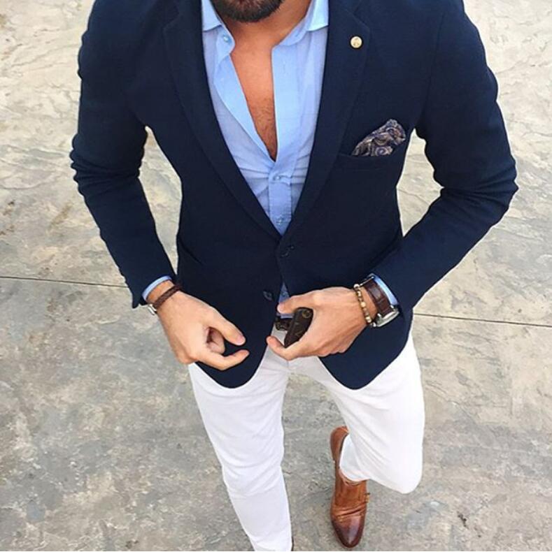 

Casual Men Suit Groom Tuxedos Single Breasted Navy Jacket with White Pants Slim Fit Wedding Guest Wear Prom Party Formal Suit Custom Made, Same as picture