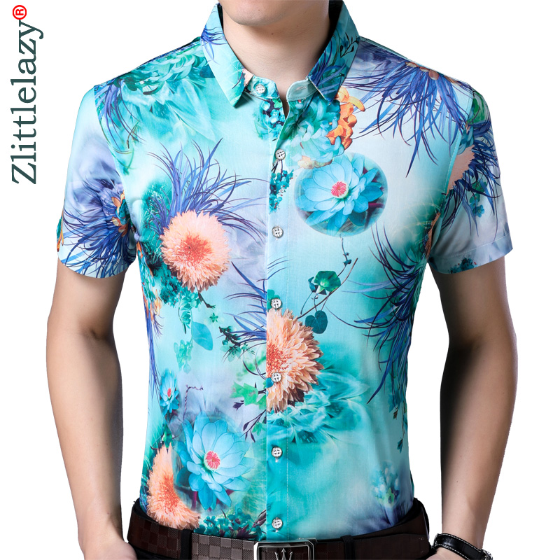 

2019 short sleeve social men flower hawaii shirt dress casual slim fit summer male shirts mens fashions streetwear clothing 1810, Green