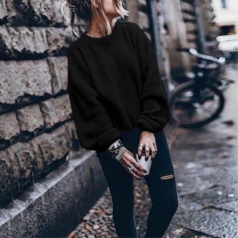 

Cashmere Sweater Women Oversize For Women Warm Winter And Autumn Long Sleeve O-neck Solid Color Stylish Woolen Lantern W5, Black