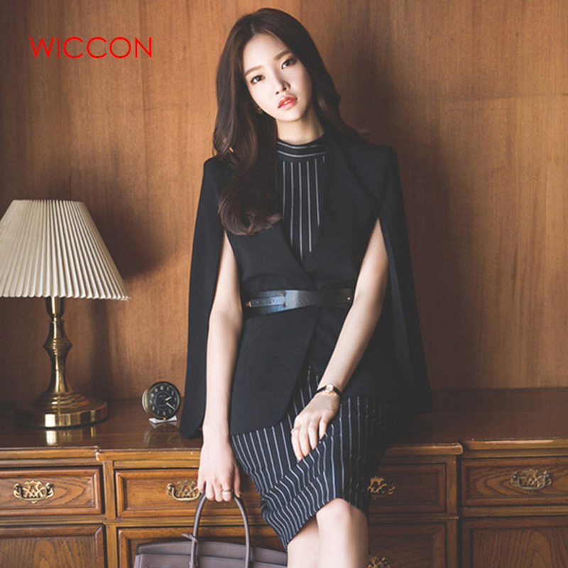 

New Women Spring Fashion 2 Piece Sleeveless Stripe Dress Suit Business Black Cloak Coat Suit Shawl Two-piece Sets Free Belt