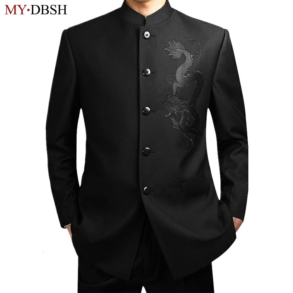 

New 2019 Black Chinese Tunic Suit Men's Traditional Stand Collar Suits Apec Leader Costume Male Embroidery Dragon Totem Suits LY191202, Black syoule2