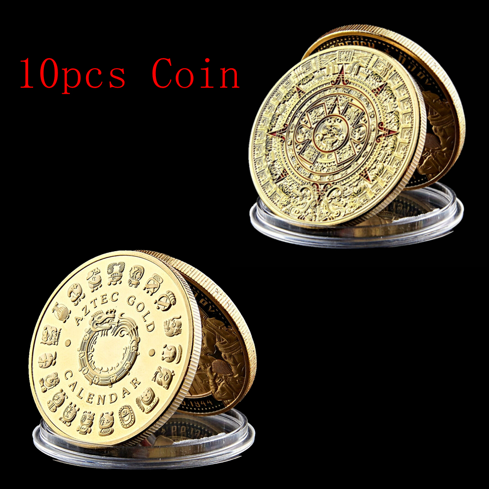 10pcs Mexican Mayan Prophecy Culture Aztec Calendar Craft Gold Plated Colored Commemorative Coins Height Collection-image-529361190