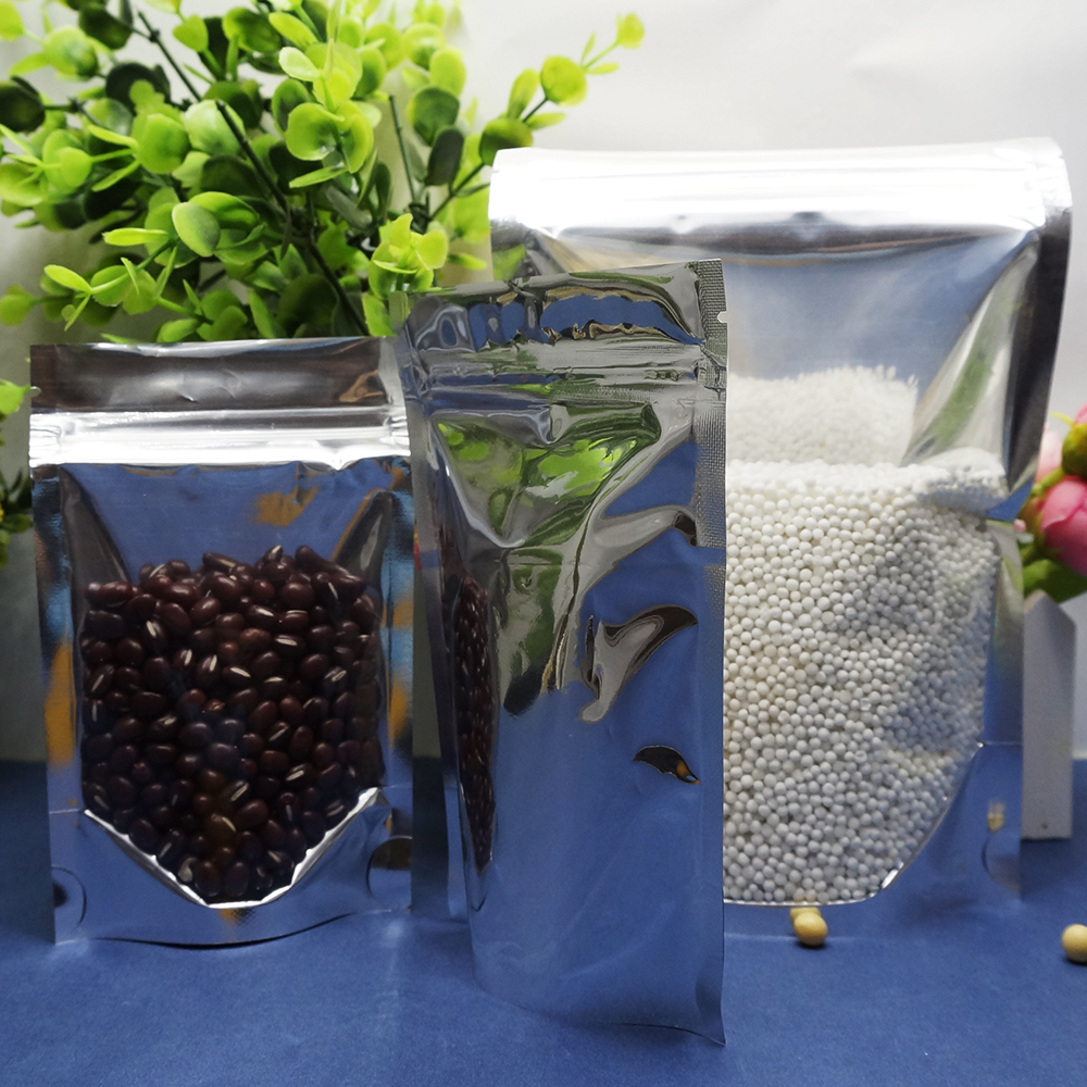 

10x15cm,100 x Reusable Stand up translucent aluminium foil zip Lock bag,Silver Metallic aluminum plastic pouch zipper Grip Seal front clear