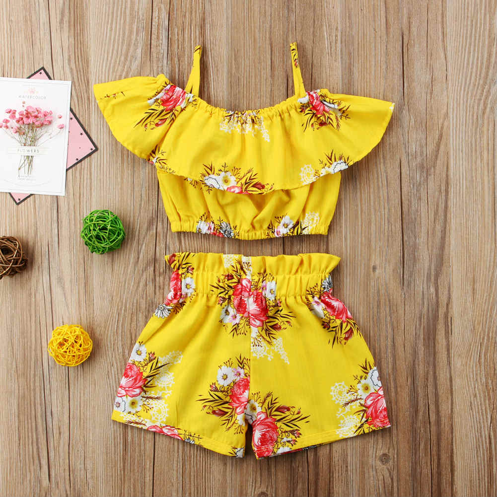 

Toddler Baby Kid Girl Floral Outfits Little Girls Strap Vest Tops+Shorts 2Pcs Clothing Set 1-6T Summer Clothes, Yellow