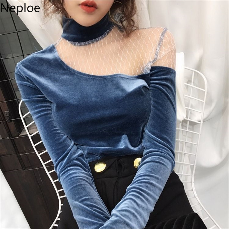 

Neploe New Women Velvet Blouses Long Sleeve Turtleneck Blusas Sexy Gauze Patchwork Strapless Shirts Solid Top Blouse Femme 38326, Apricot blouses