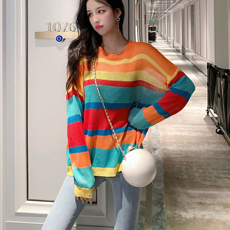 

Womens Long Sleeve Loose Fashion Rainbow Striped Shirts Casual Blouse Ladies Streetwear Women Tops Crocheted Knitting