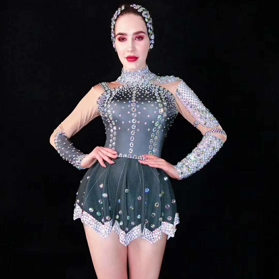

Multi-Color Rhinestones Long Sleeves Black Dress DS Dance Outfit Birthday Celebrate Dresses Women Singer Stage Party Wear DT1737, As picture