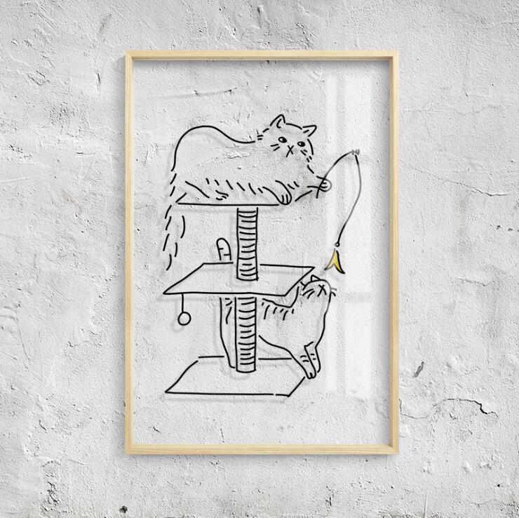 Glass wall paintings Nordic line cats transparent modern simple dining room interesting cat decoration painting-image-519685978