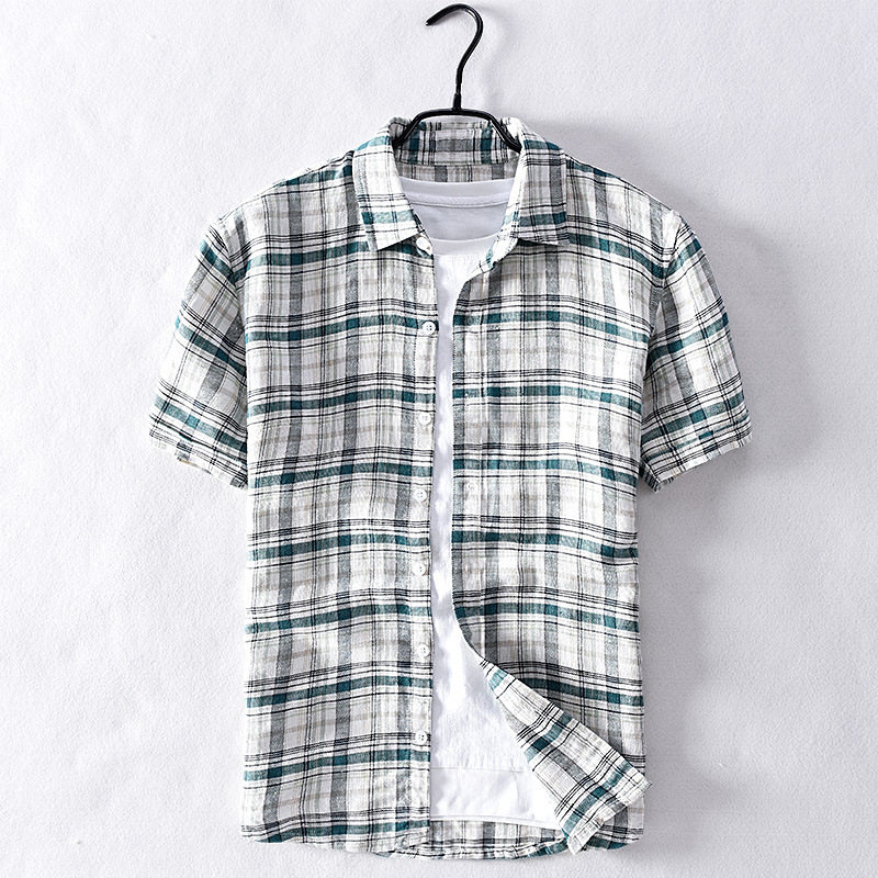

Men Summer Fashion Japan Style Plaided Top Quality 100% Linen Short Sleeve Business Men Shirts Turn Down Collar Casual Slim Tops, Green