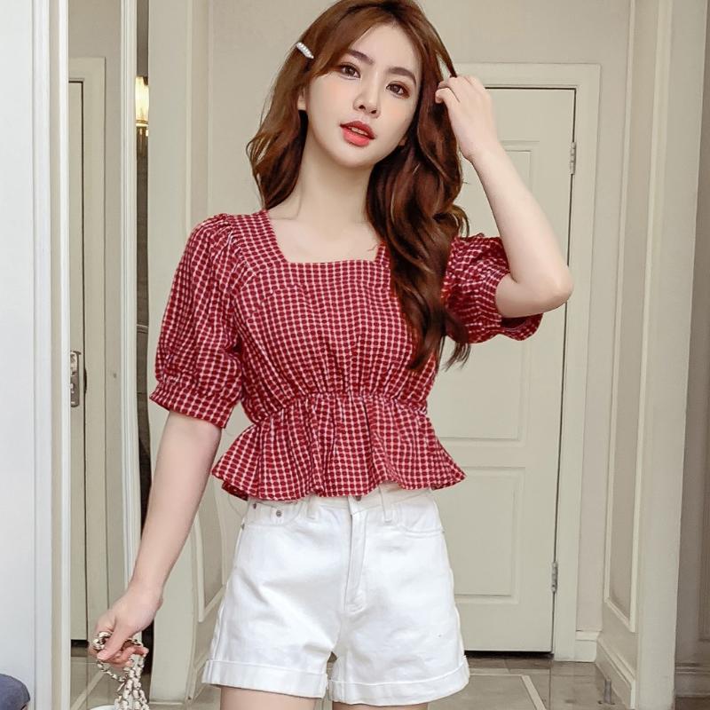 

Fashion Women Top Blouse Plaid print Retro Square Neck Puff Short Sleeve Casual Blouse Summer Tops Ruffles blusas mujer de moda, Blue