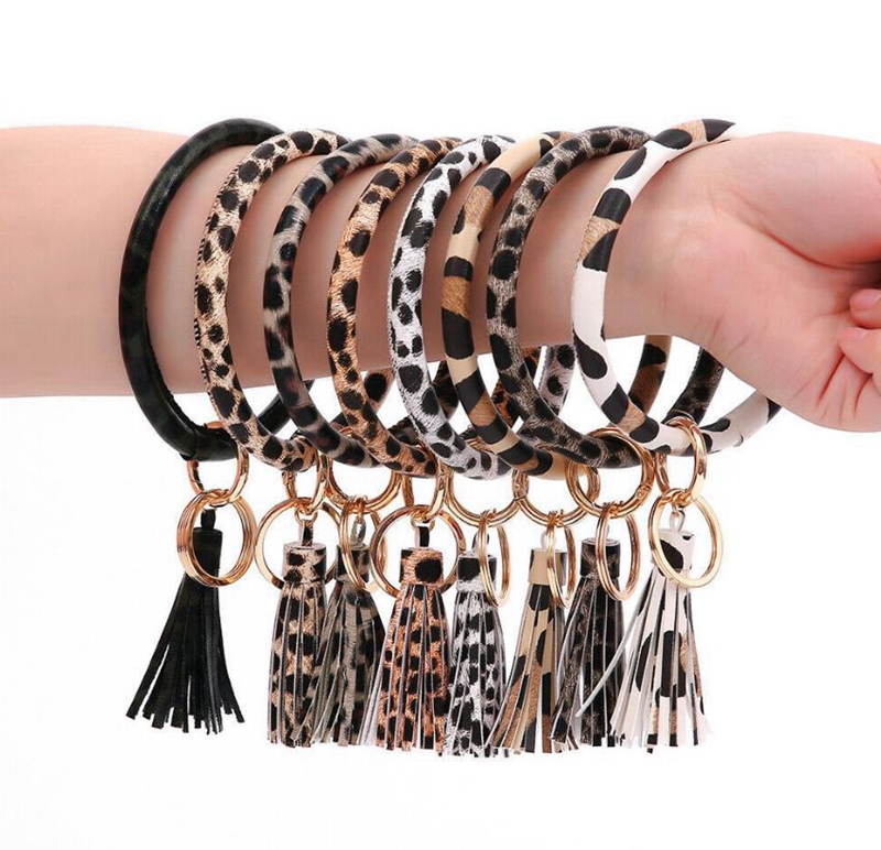 

Leopard Bangle Keyring Tassel PU Bracelet Key Chain Wristlet Key Holder Fashion Women Girls Jewelry Christmas Gift 11 Designs 20pcs DW4912, As picture