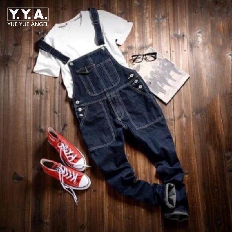 

New Mens Cargo Blue Pants Slim Fit Skinny Jeans Overall Black Detachable Suspenders Pants Size  Jean Free Shipping