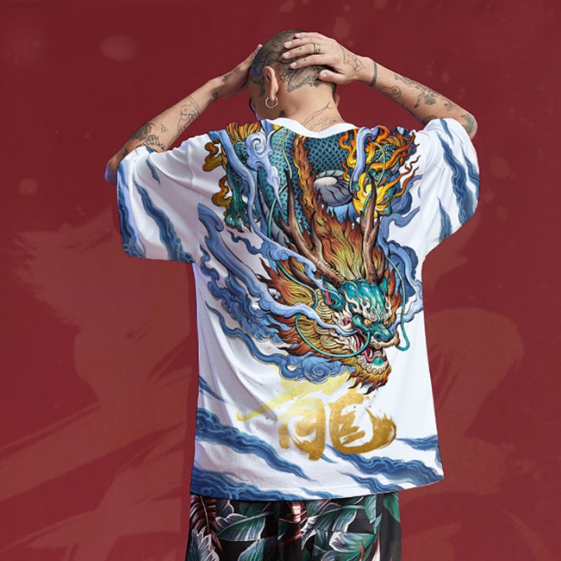 

T-shirt men summer Chinese style short-sleeved tops tide brand fat loose trend large size half-sleeved couple clothes shirt, Black suzaku