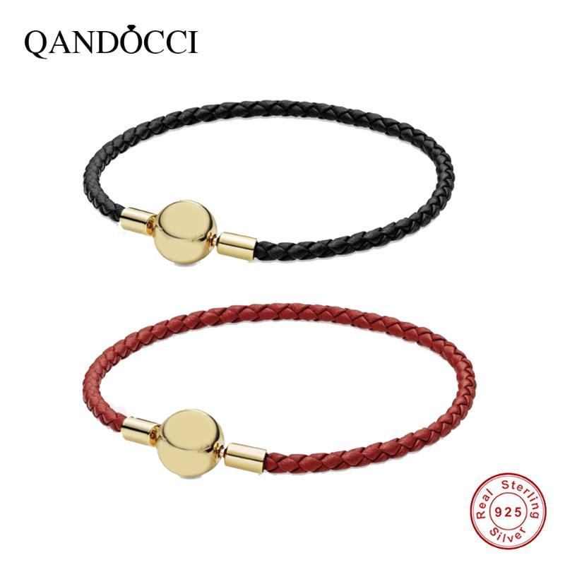 

Charm Bracelets QANDOCCI 2021 Spring Festival 100% 925 Sterling Silver Shine Red Black Single Leather Bracelet Original High Quality