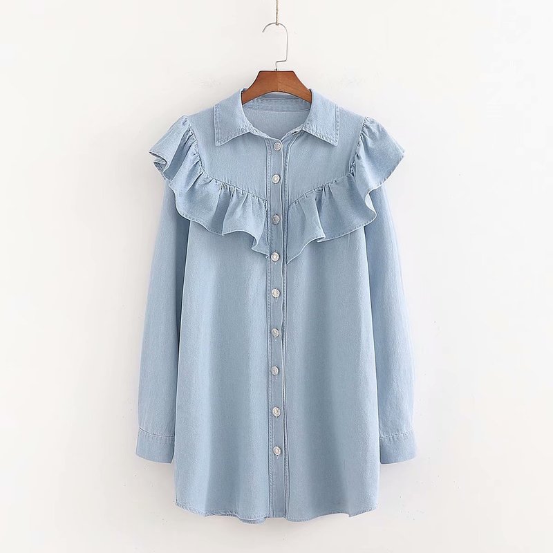 

Woah 2020 XD55-2870 blouse women blusa feminina blusas new falbala long denim shirts, See chart
