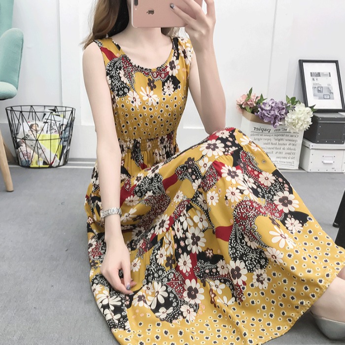 

Wholesale women's summer waist waist bohemian large size beach long skirt sleeveless printed cotton silk dress, 11#