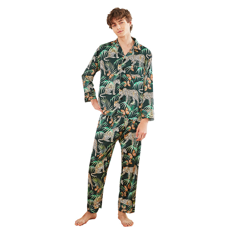 

2019 Men Pajamas Sets With Pants Flower Print Nightwear Pyjama Satin Sleepwear Silk Loose Two Piece Long Sleeve Pijama, Green