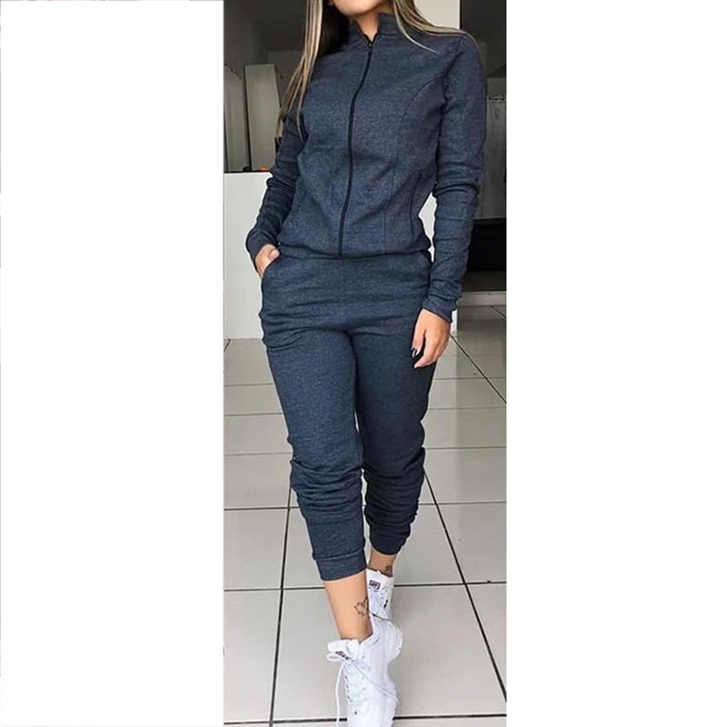 Women's Autumn Solid Color Long Sleeve Outfits Sportswear Two-piece Set Femme Zipper Casual Tops And Pants Tracksuit SJ3615M